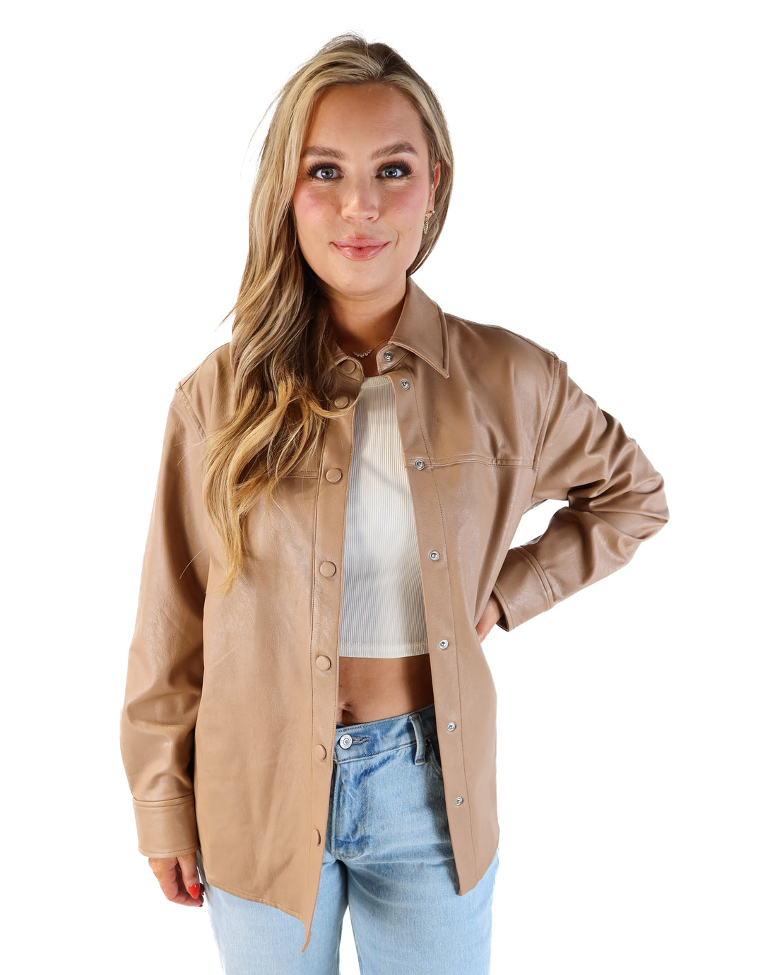 SOLD: Spanx brown faux leather shacket (m; retail $118)