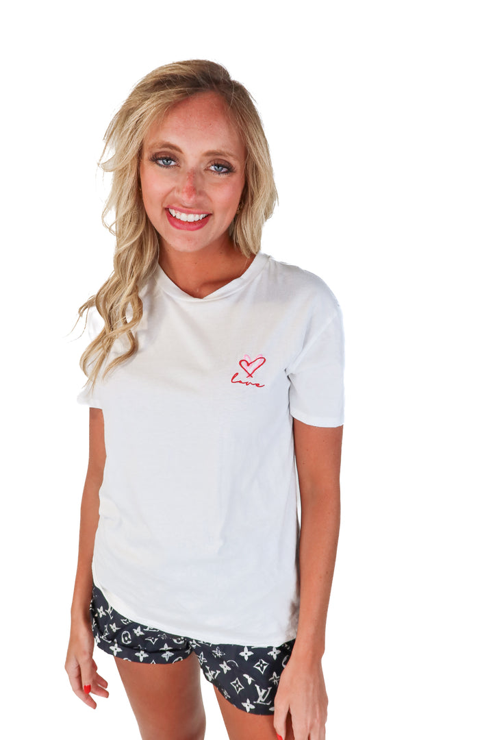 Z Supply White "LOVE" Heart Embroidered Tee (S)
