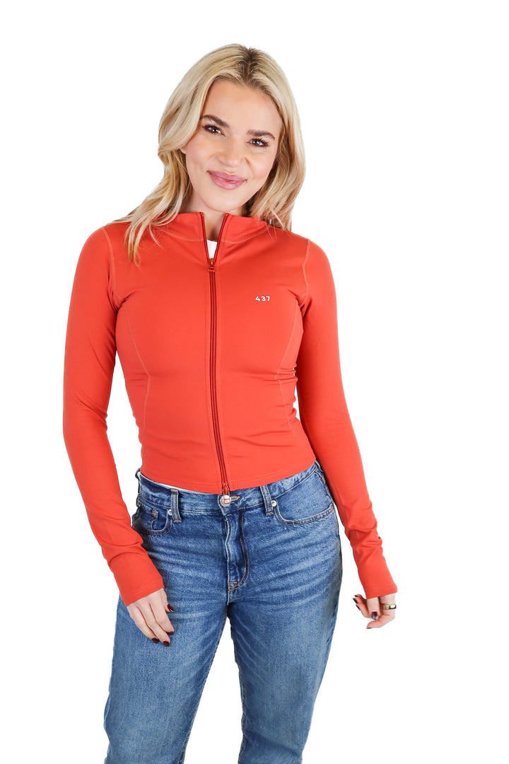 437 orange fitted zip up jacket (s; retail $75)