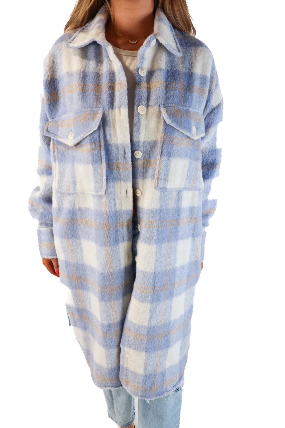 Vici blue flannel long shacket NWT (s/m; retails for $94)