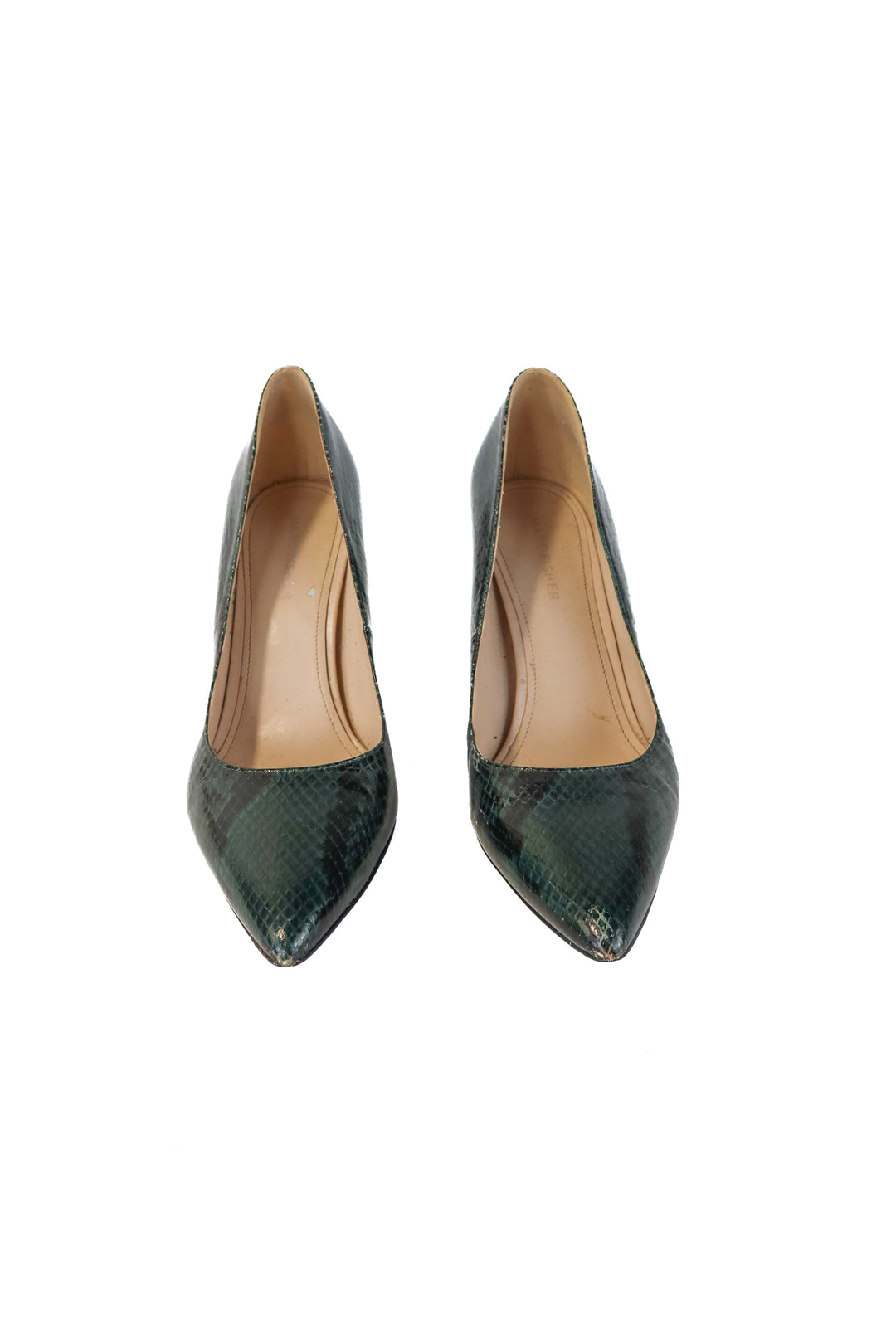 marc fisher green snakeskin heels (8; retail $89.95)