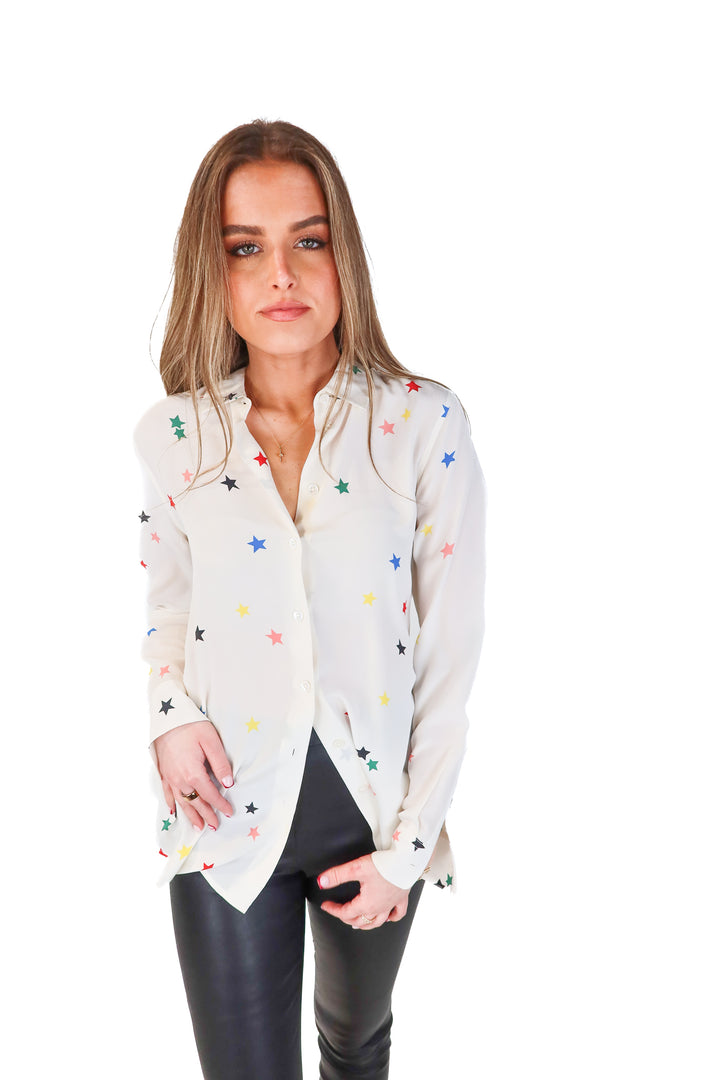SOLD Equipment Ivory Multicolor Star Print Blouse (S; retail $250)