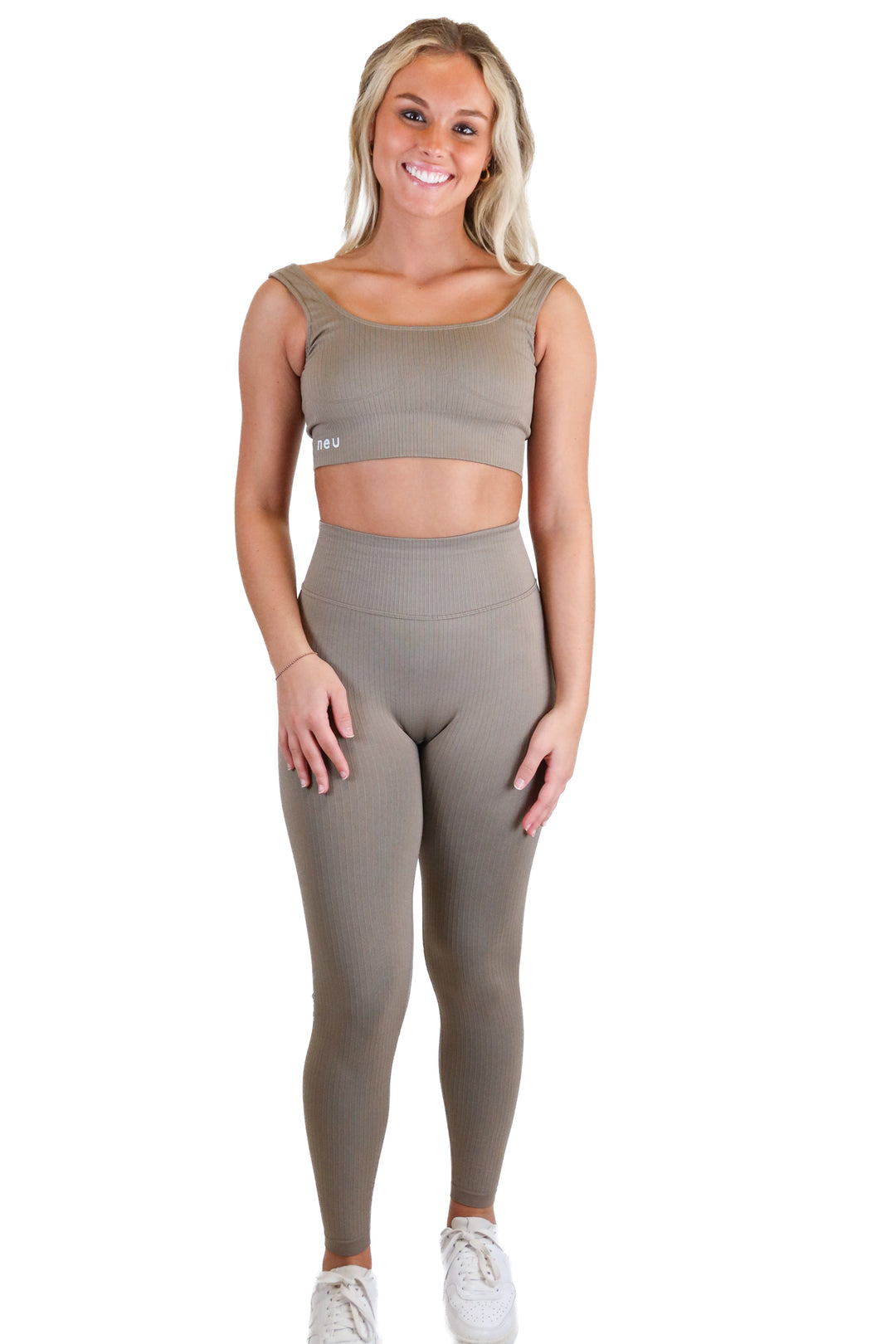 neuapparel taupe ribbed activewear set (xs)