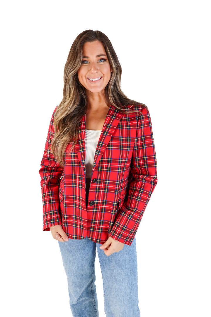 J.crew red multi plaid blazer (12; retail $195)