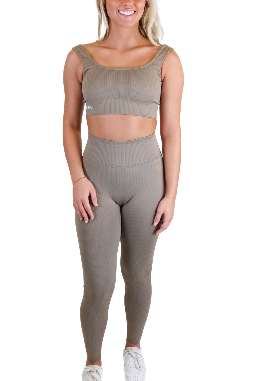 neuapparel taupe ribbed activewear set (xs)
