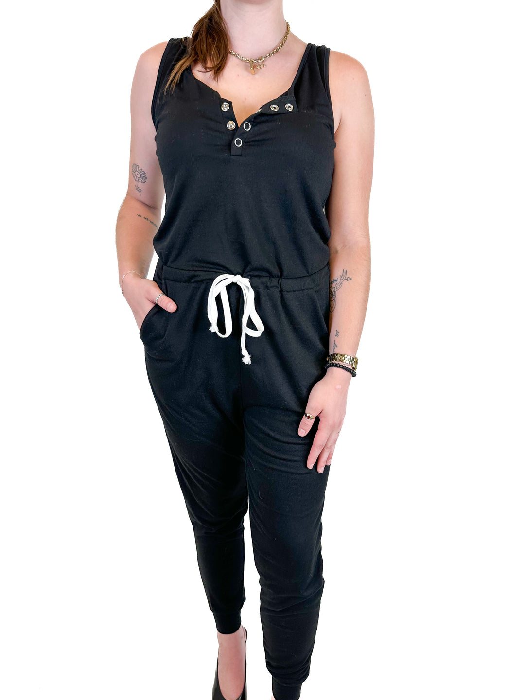 Black Snap Button & Tie-Waist Jumpsuit (4)