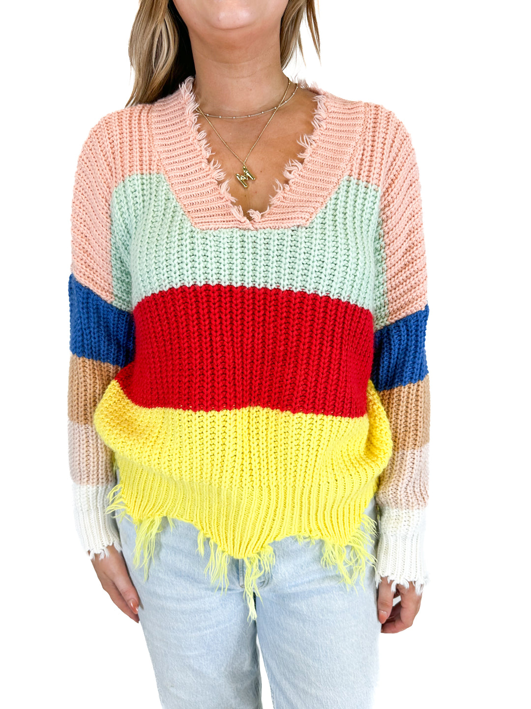 Main Strip Rainbow Stripe Knit Frayed Trim Sweater (M)