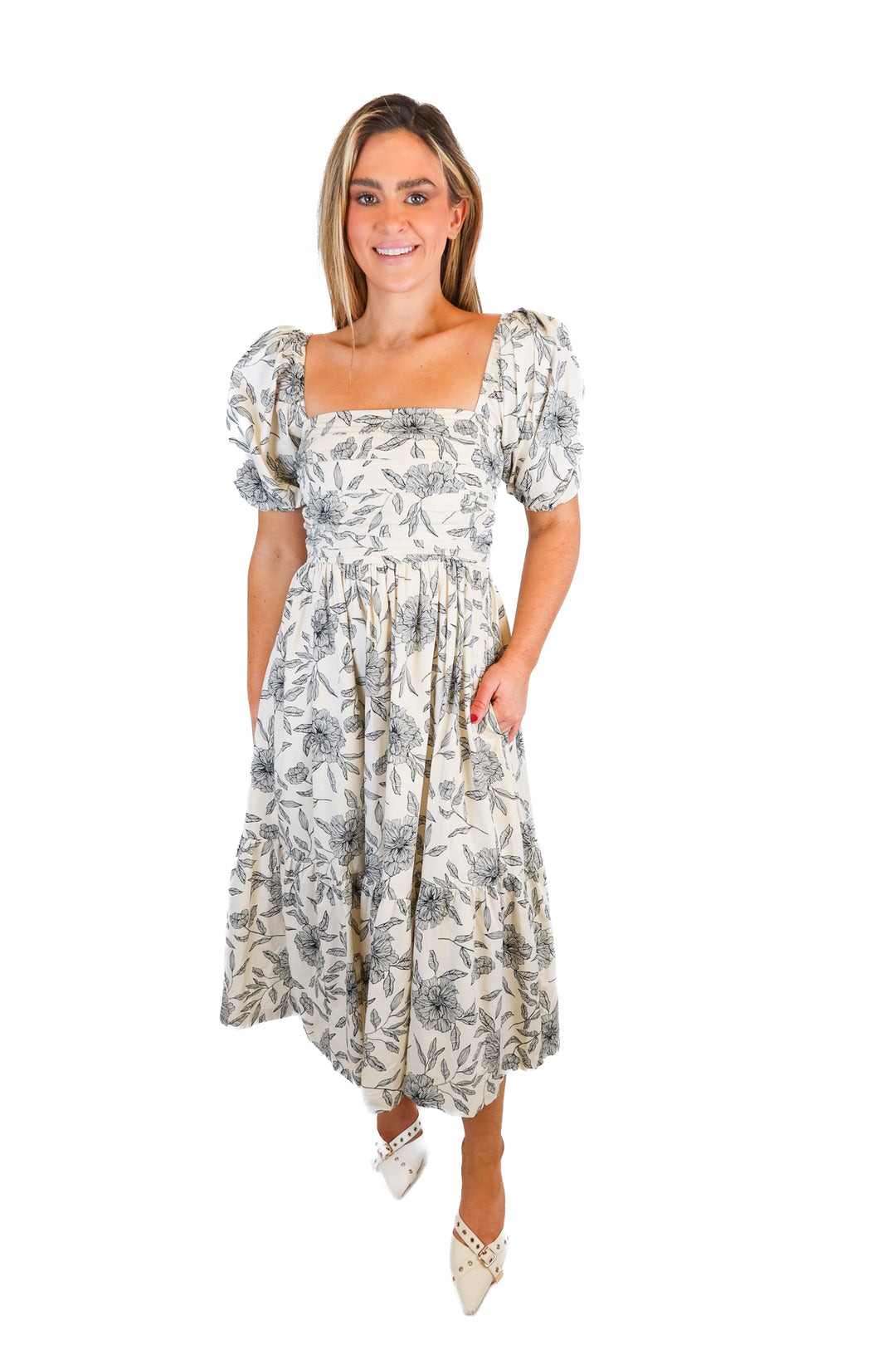 Abercrombie & Fitch cream/black floral midi dress (XS)