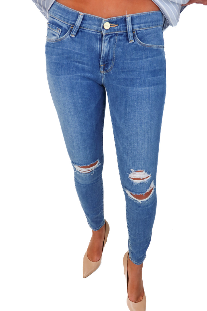 Frame Medium Wash Destroyed Knees Skinny Jean (26)