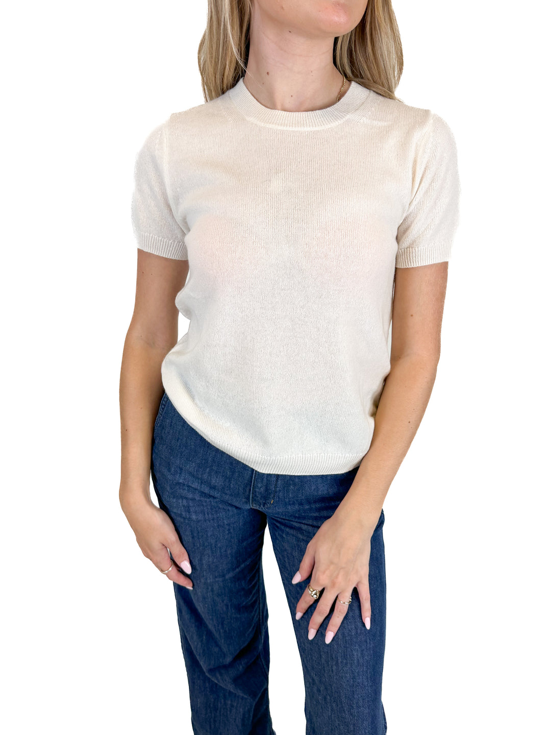 Quince Cream Short Sleeve Cashmere Sweater (S)