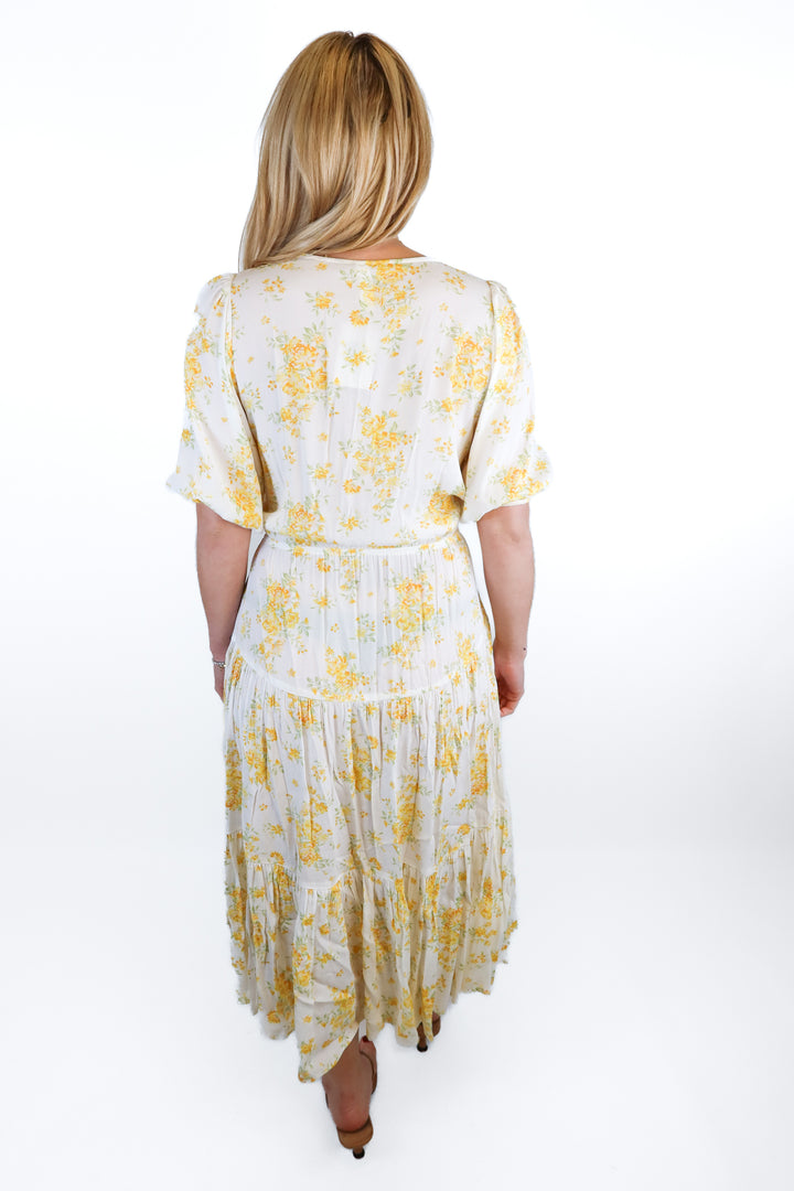 Kivari white w/ yellow flowers midi dress (4; retail $299)