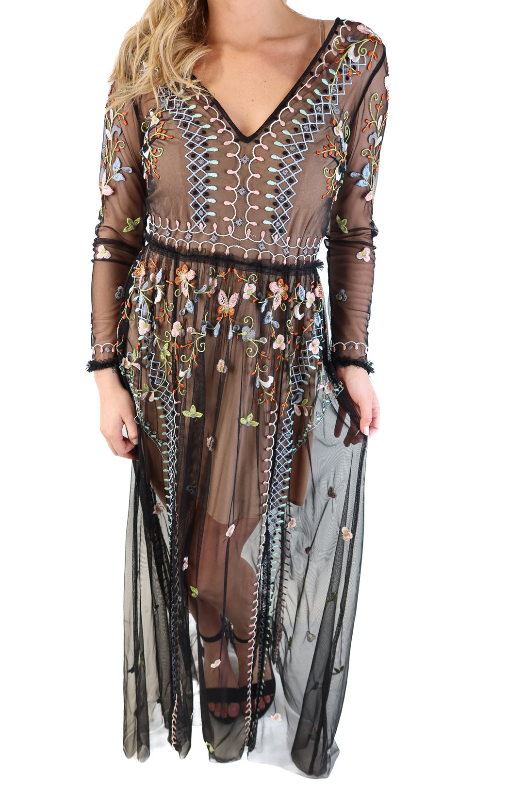 French Connection Floral Black Mesh Maxi Dress (6; retail $238)