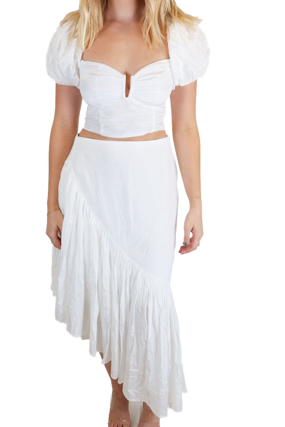 Abercrombie White Satiny Puff Sleeve Cropped Top & Skirt Set NWT (S; retail $180)