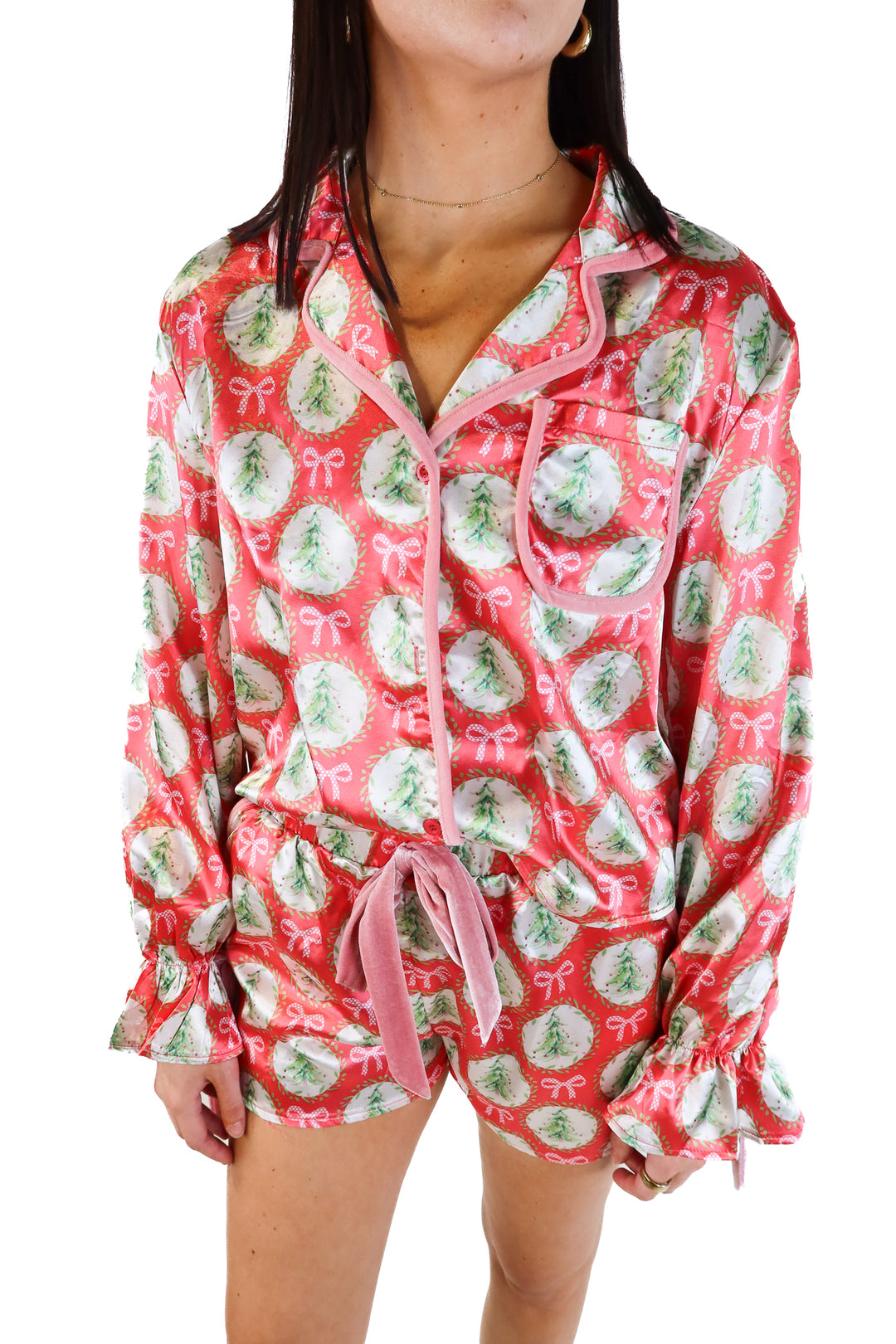Christmas Tree Velvet-Trimmed Pajamas (S)