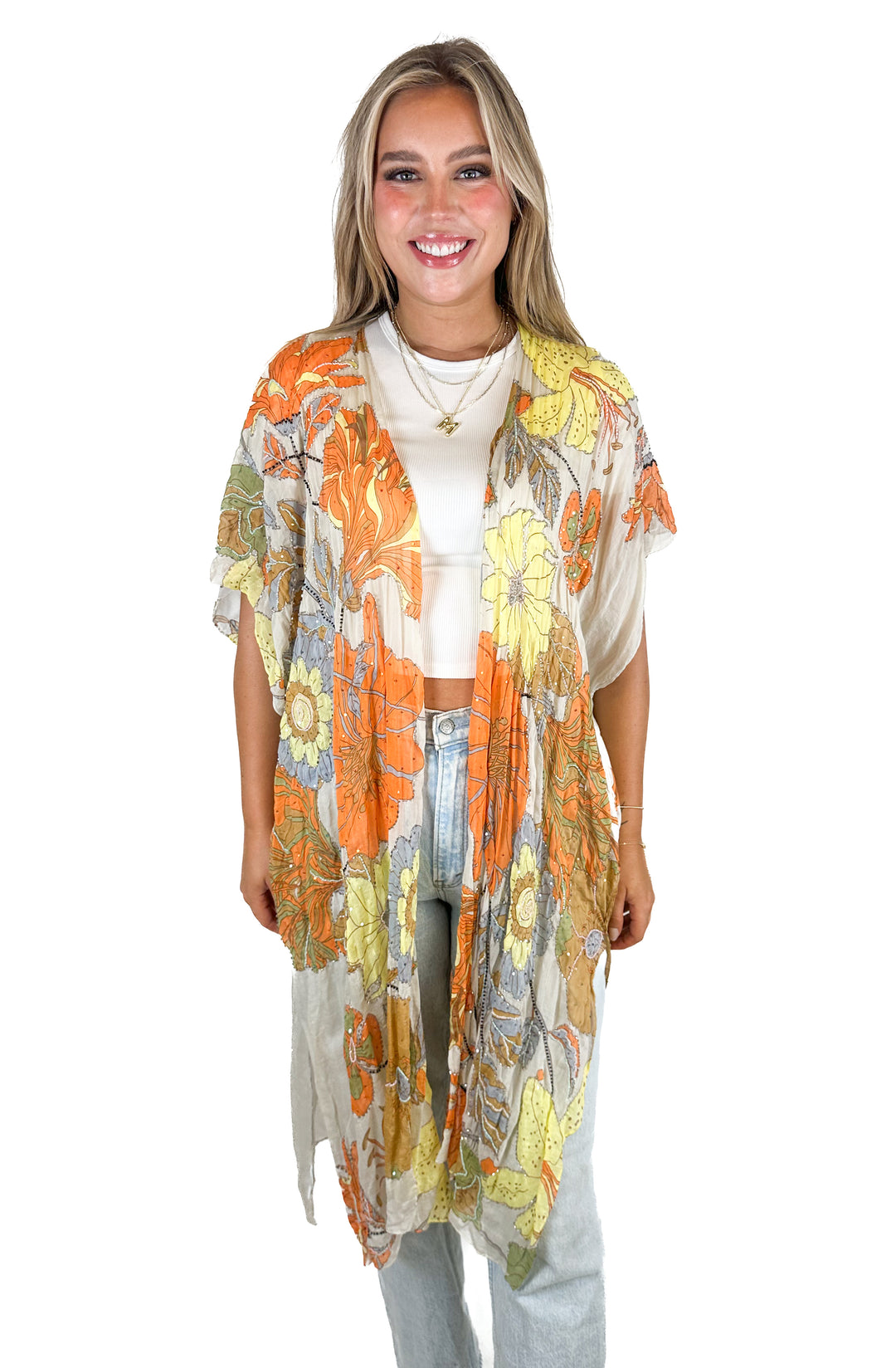 Arrata Floral Beaded Kimono (O/S)