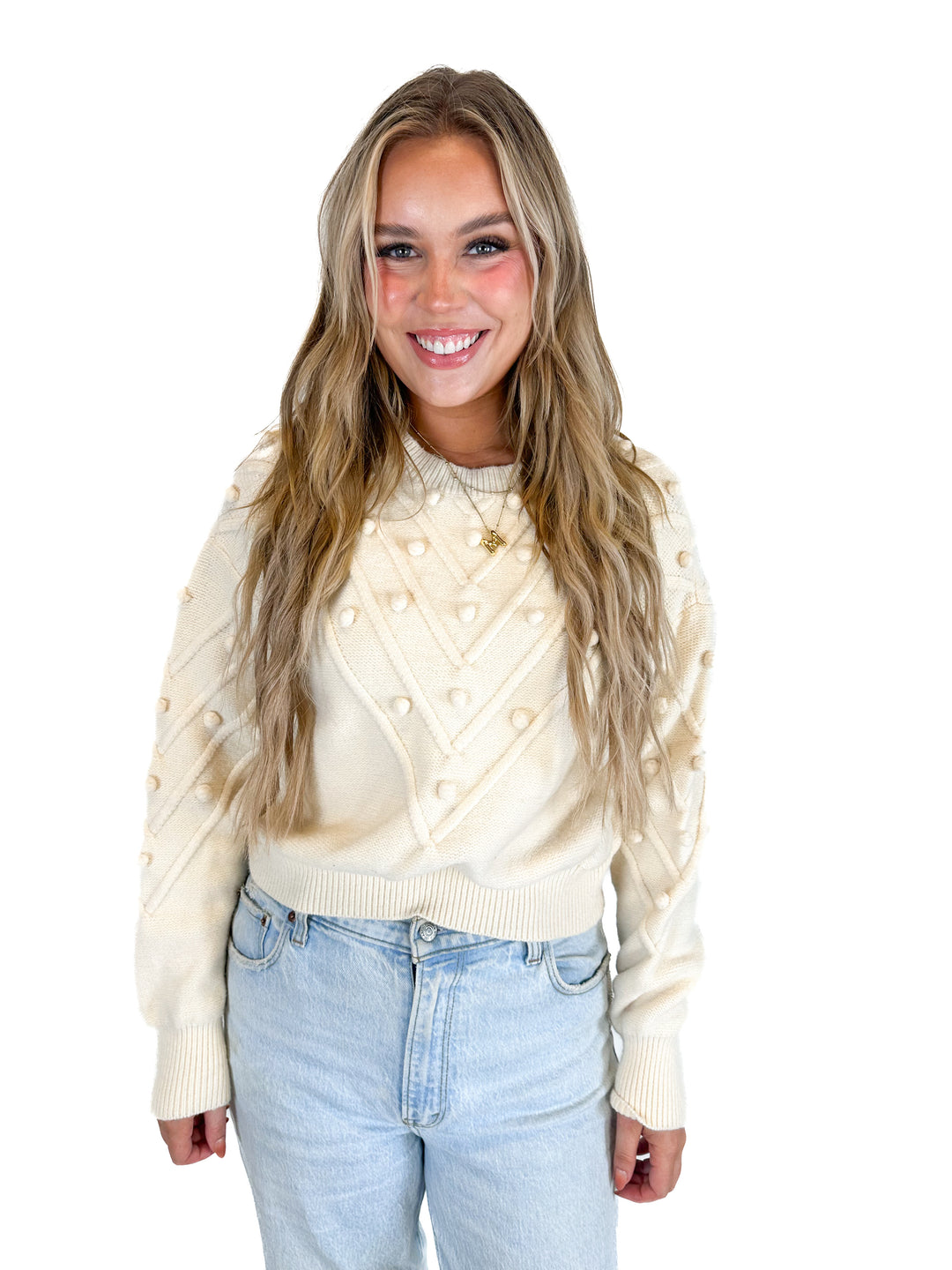 Fable Cream Crew Neck Pom Pom Sweater (M)