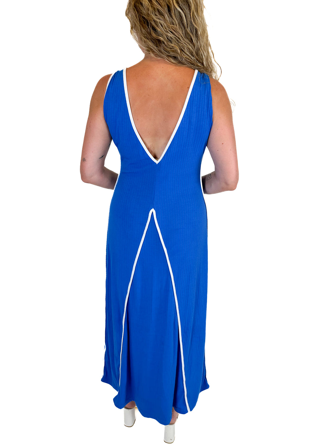 Blue Ribbed Knit Maxi Dress (M)