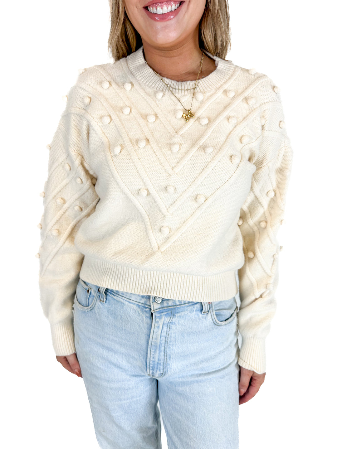 Fable Cream Crew Neck Pom Pom Sweater (M)