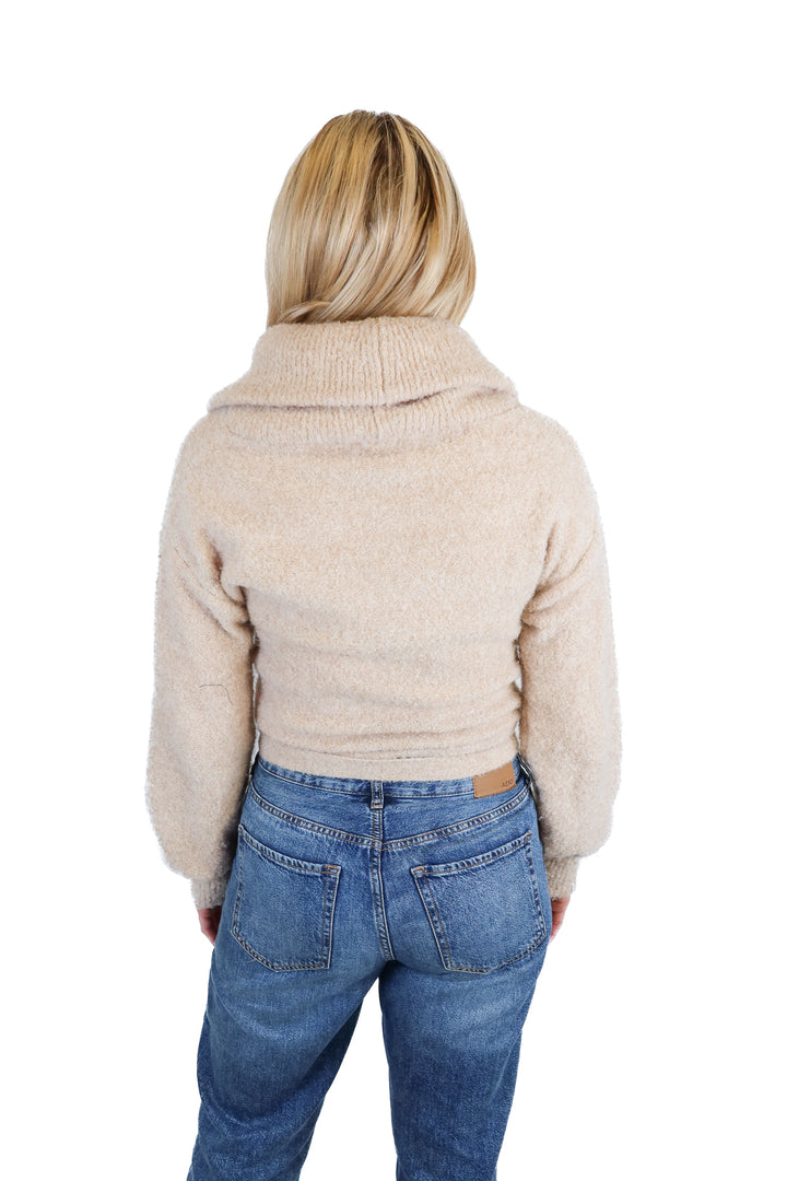 525 beige knit wrap top (S; retails for $149)