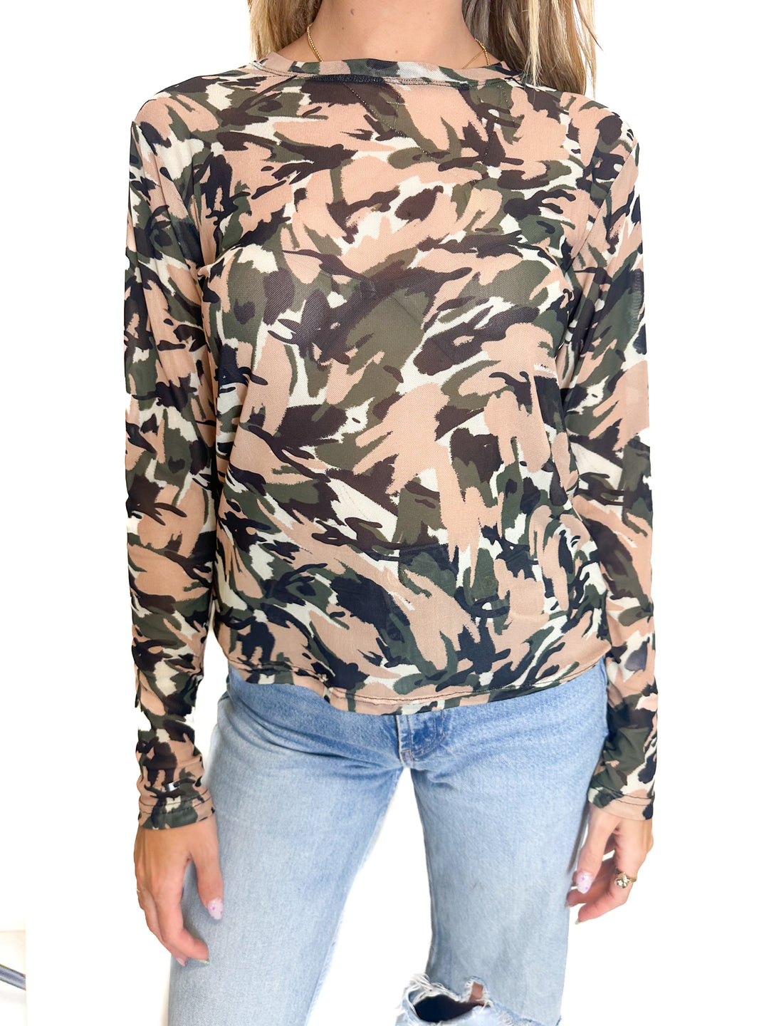 Strut This Mesh Camo Top (S)