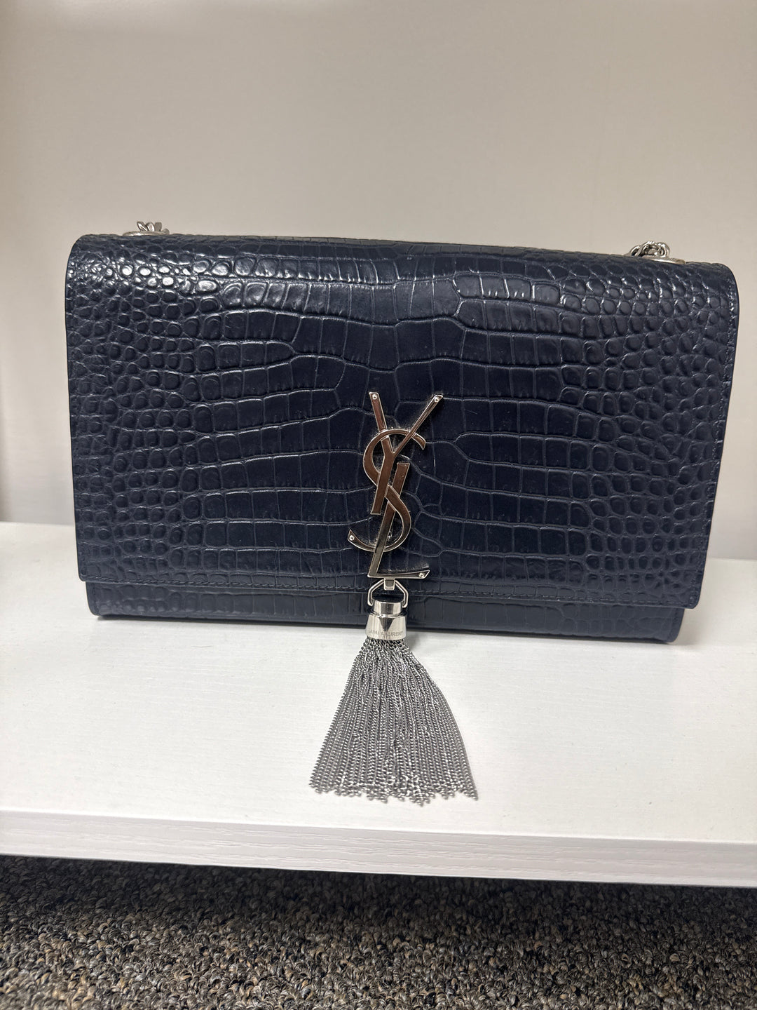 Saint Laurent navy leather Kate crocodile crossbody