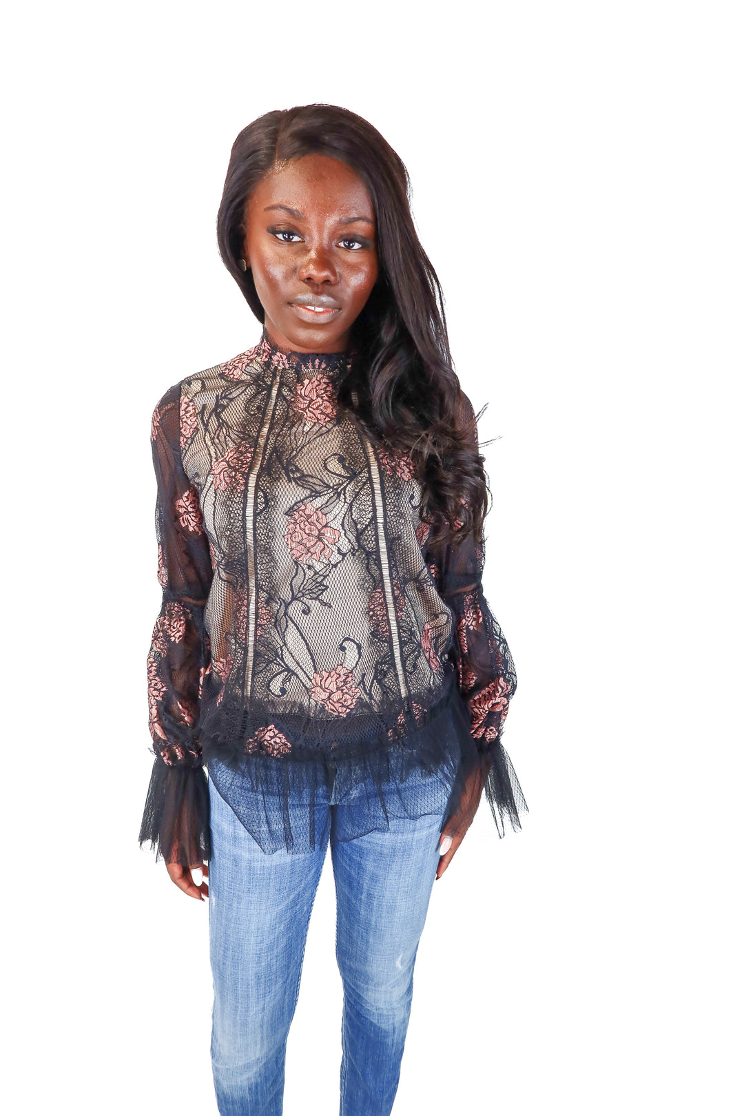 Alexie Black/Pink Lace Ruffle Top NWT (S: Retail $465)