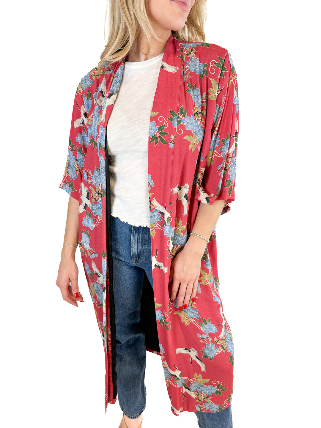 Sway And Cake Long Kumi Kimono Robe-Red Crane (S)