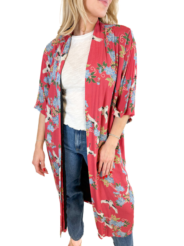 Sway And Cake Long Kumi Kimono Robe-Red Crane (S)