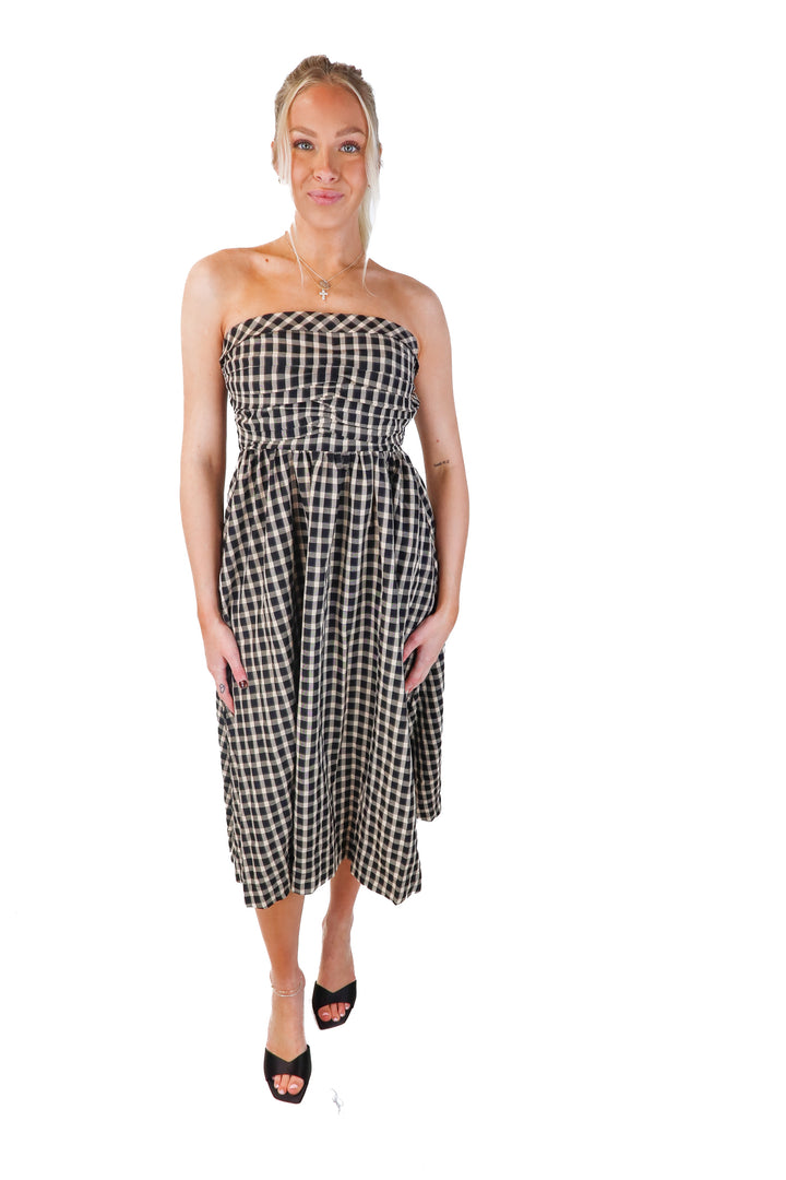 avara checkered strapless midi dress NWT (xs; retails for $112)