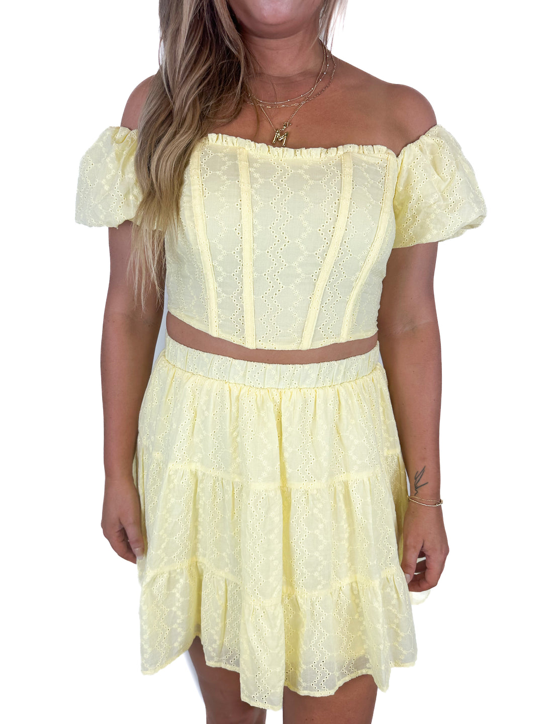 Wild Fable Puff Cap Sleeve Yellow Eyelet Corset Top & Tiered Skirt Set (S Top, M Skirt)