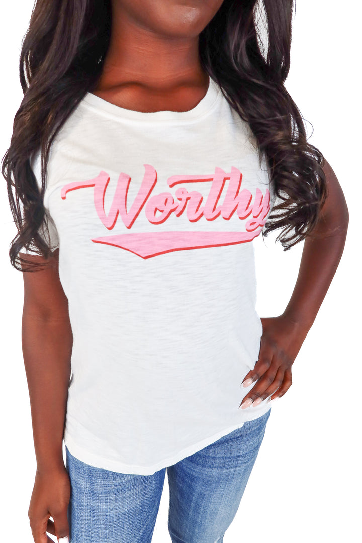 Paige White/Pink "WORTHY" Tee (S)
