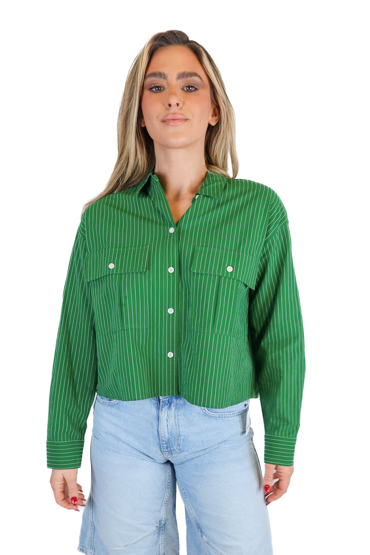 madewell green striped cropped button up (s)