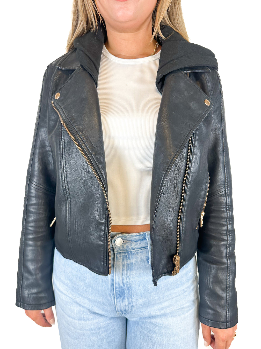 Blank NYC Faux Leather Moto Jacket With Removable Hood (M)