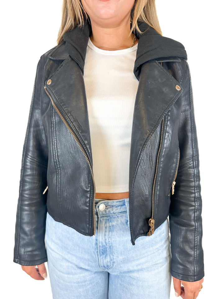 Blank NYC Faux Leather Moto Jacket With Removable Hood (M)