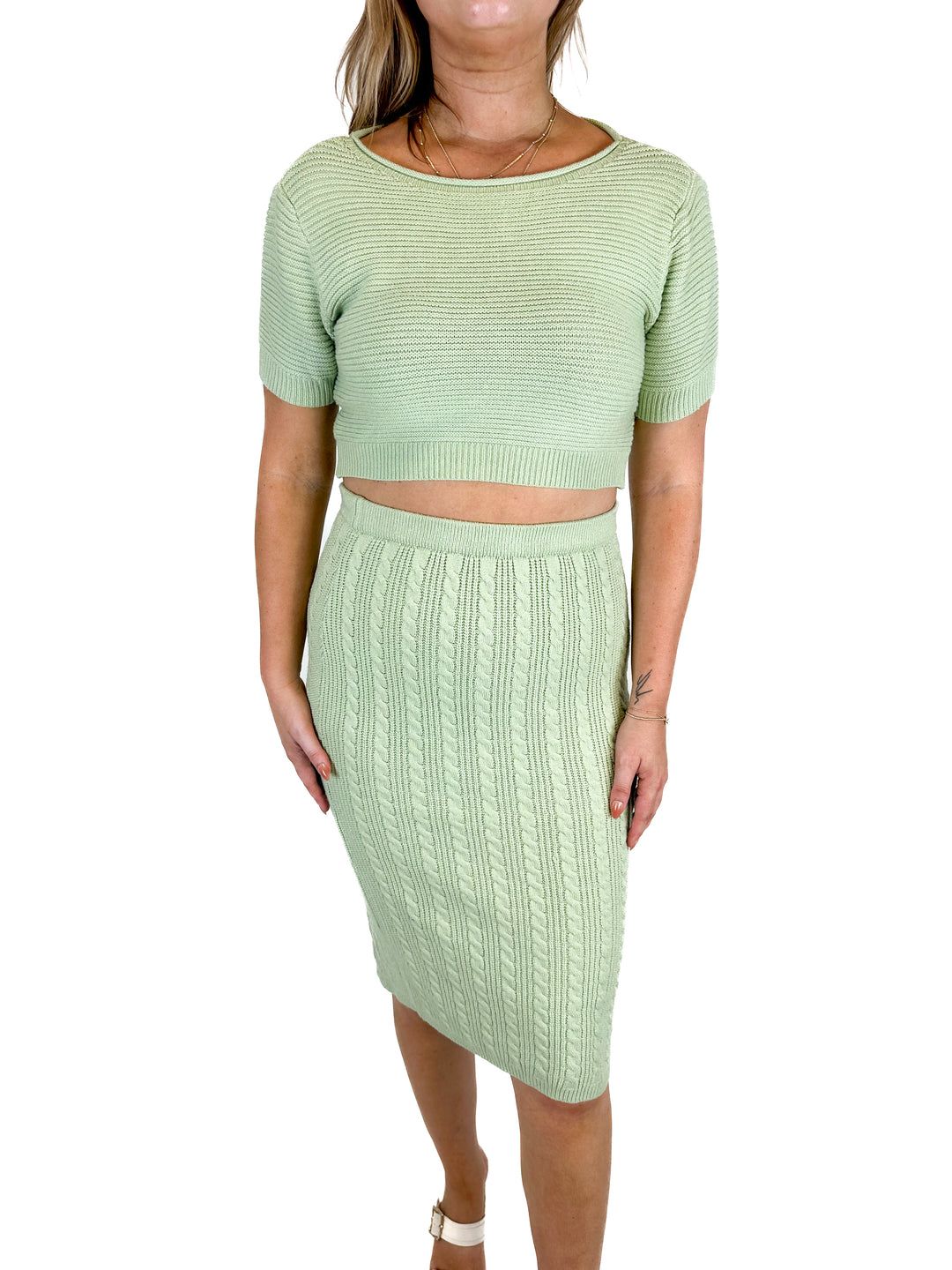 Petal & Pup Light Green Cable Knit Top and Skirt Set (L)