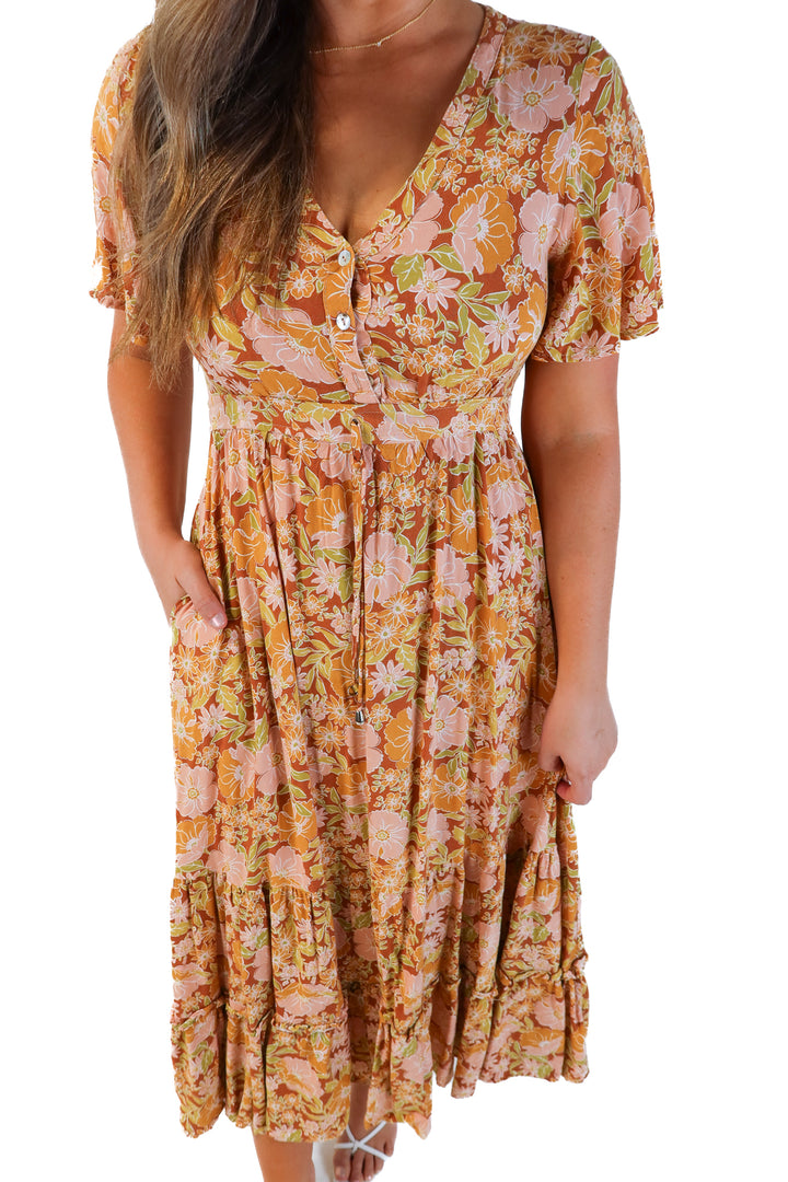 brown floral maxi dress (m)