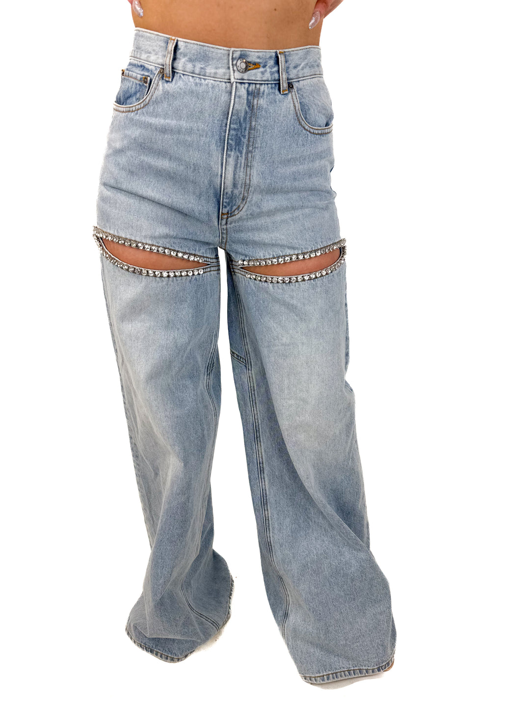 SOLD Area wide leg crystal slit jean NWT (27; retail $795)