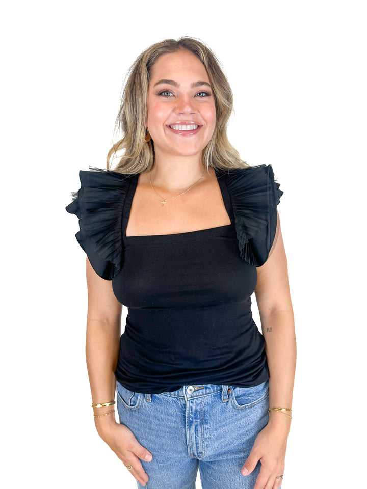 BCBGMAXAZARIA Black Ruffle Top (M)