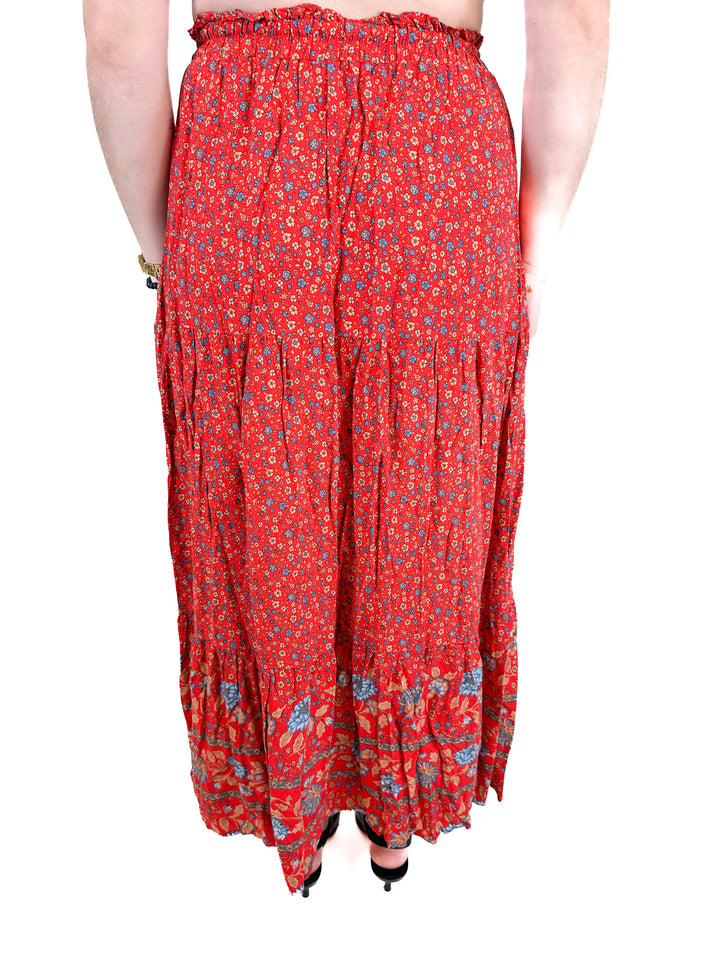 Zesica Red, Tan & Blue Floral Maxi Skirt (S)