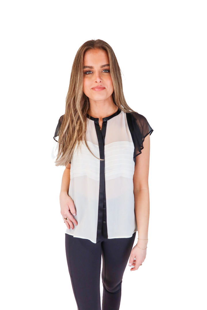 The Kooples Black/Ivory Pleat Ruffle Sleeve Blouse NWT (M; Retail $270)