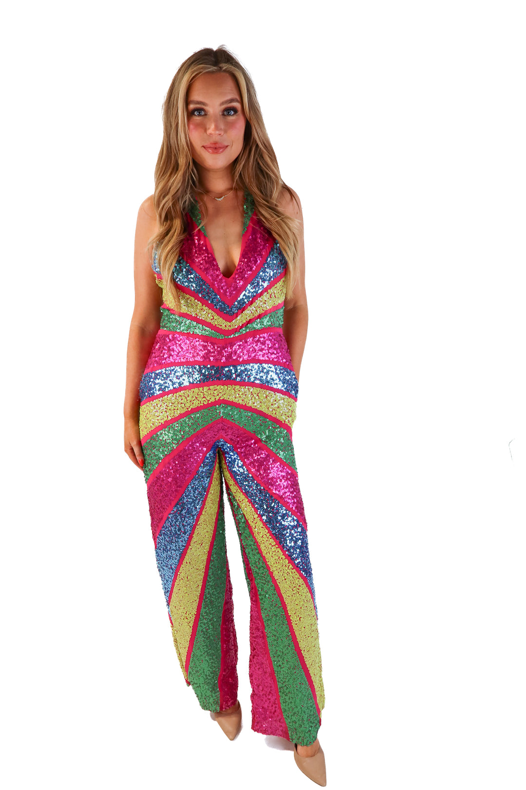 Nasty gal pink chevron sequin jumpsuit (8; retail $133)