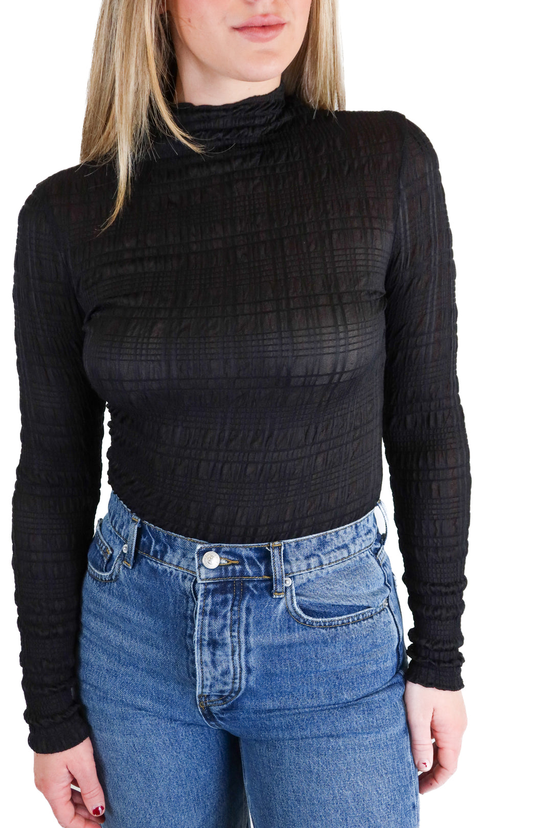 hello molly black sheer mockneck smocked bodysuit (s)