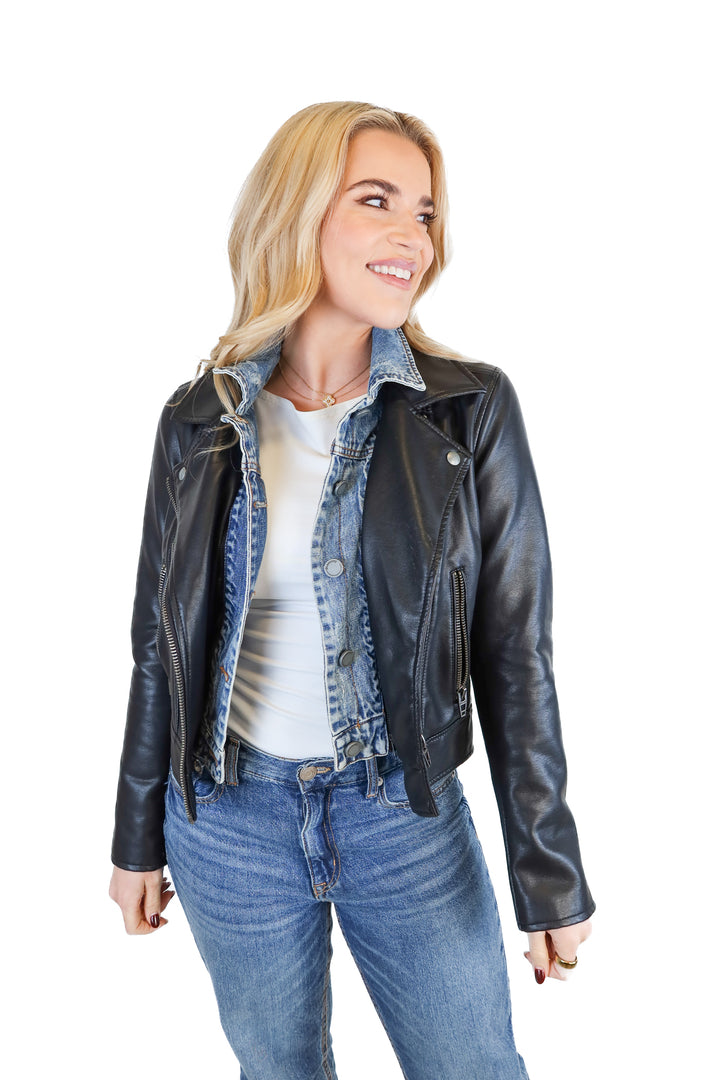 blanknyc black faux leather/denim jacket (xs; retail $188)