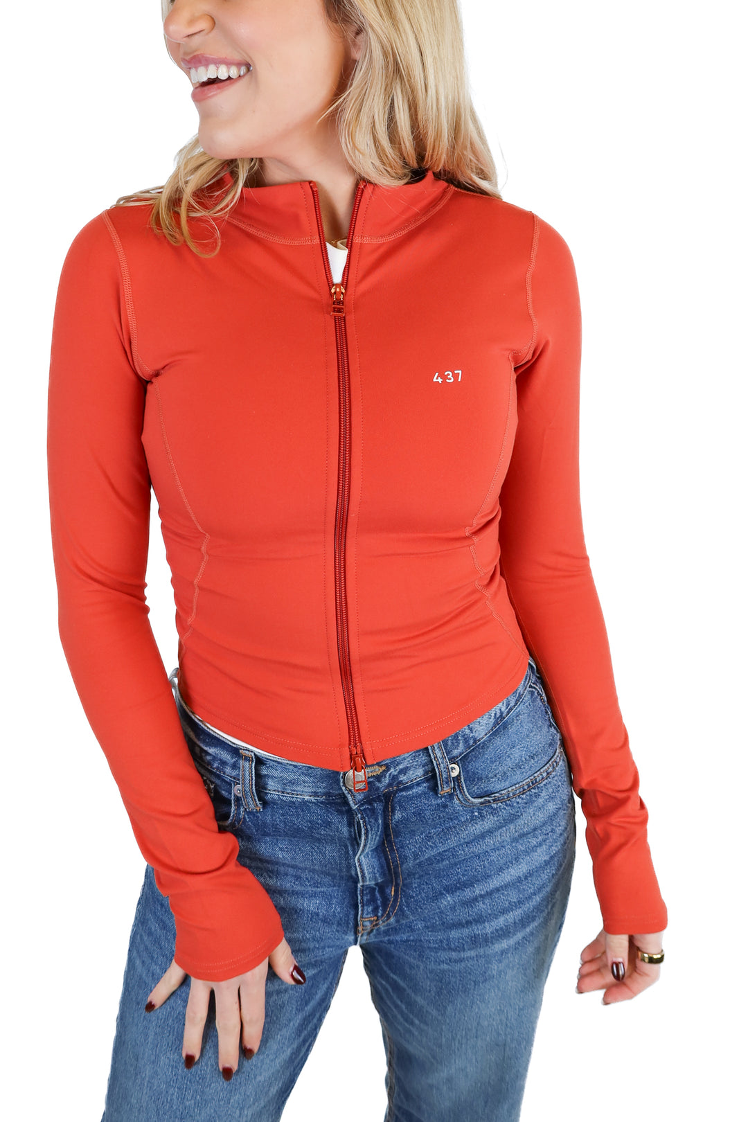 437 orange fitted zip up jacket (s; retail $75)