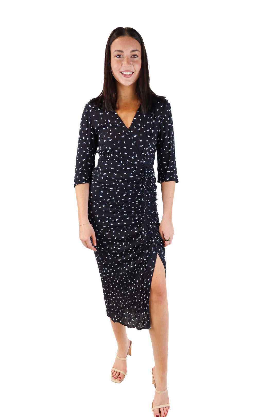 Lucky brand navy floral ruched dress (4)