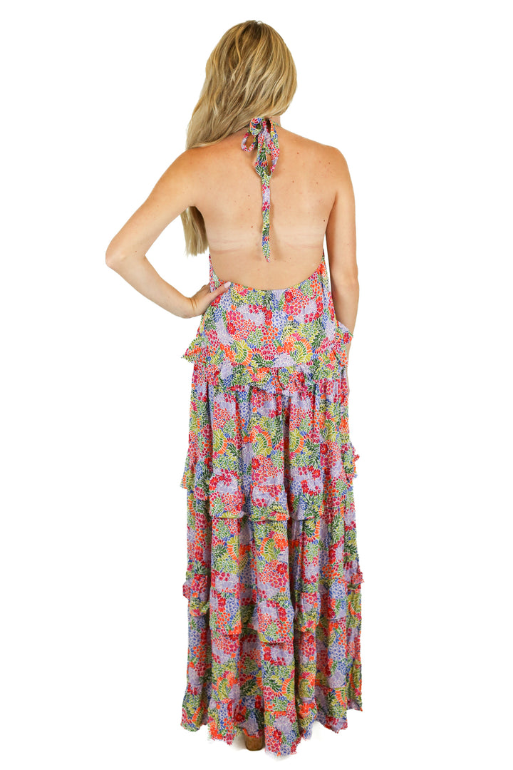 Aura Multicolor Tiered Floral Maxi Dress (S)
