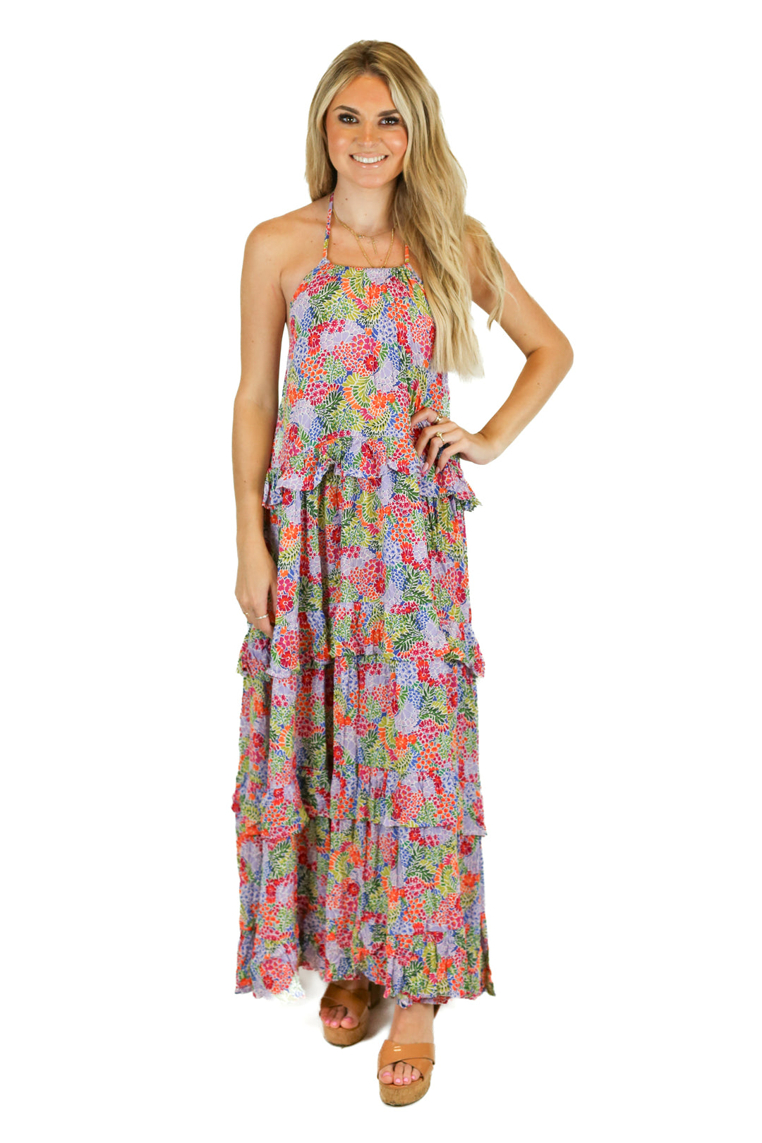 Aura Multicolor Tiered Floral Maxi Dress (S)