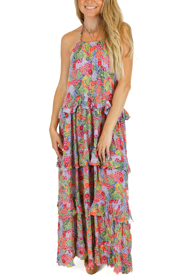 Aura Multicolor Tiered Floral Maxi Dress (S)