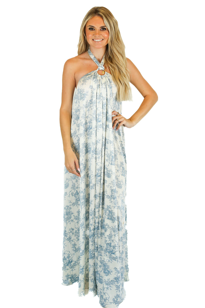 Aakaa Blue Toile Halter Dress (S)
