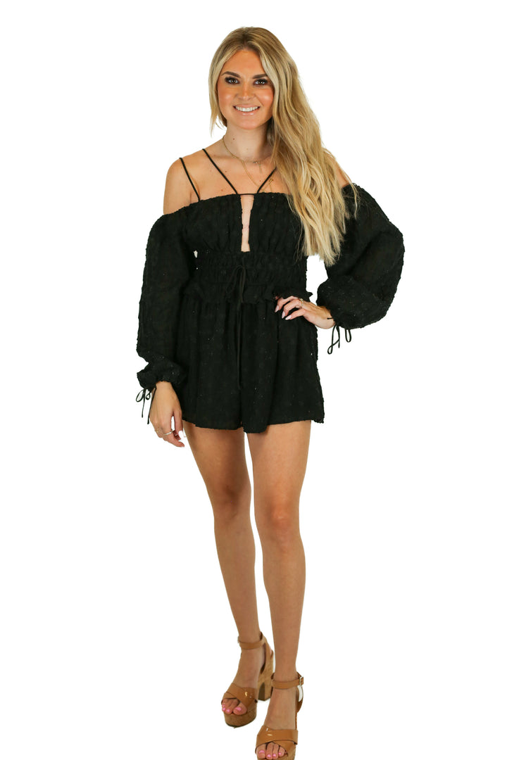 Tularosa Textured Black Long-Sleeved Romper (S)